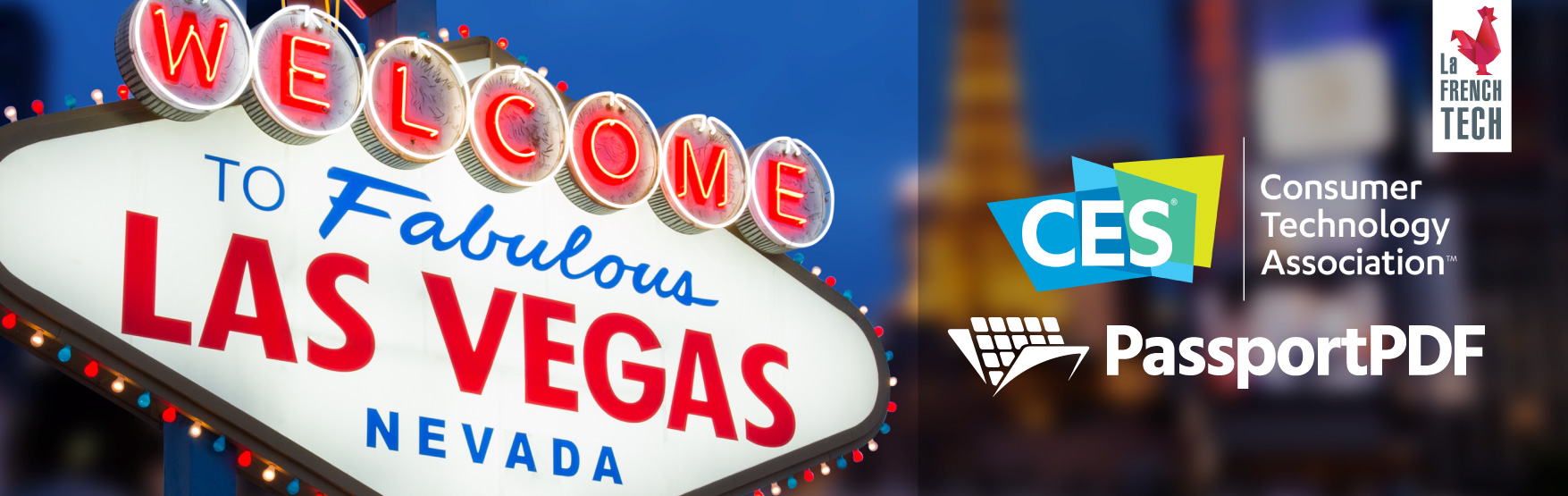 Illustration with logos from the CES Las Vegas, PassportPDF and La French Tech